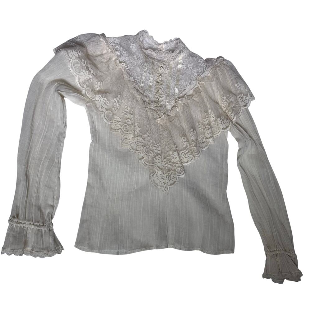 Jessica's Gunnies Gunne Sax Victoria High Neck Lace VTG Top Small Long Sleeve
